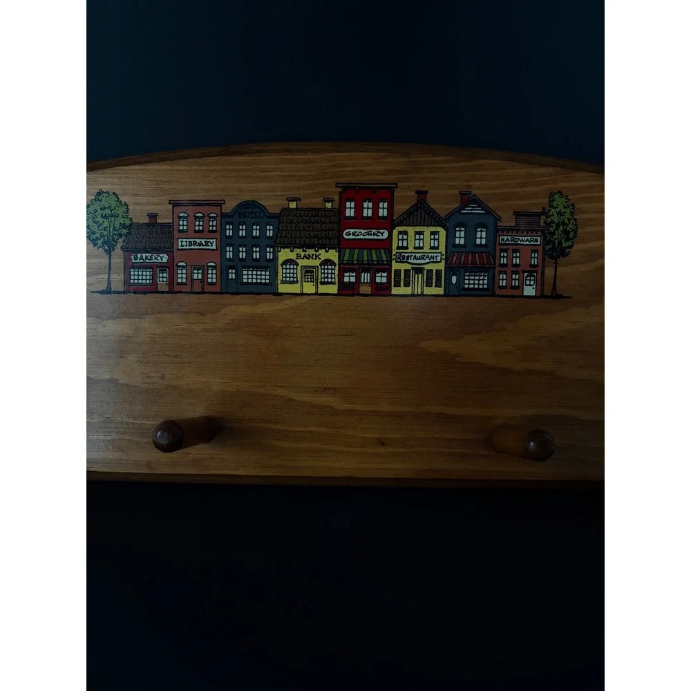 Vintage Wood Wall Rack 4 Shaker Pegs Hand Painted Village Scene Arched 20 Inch